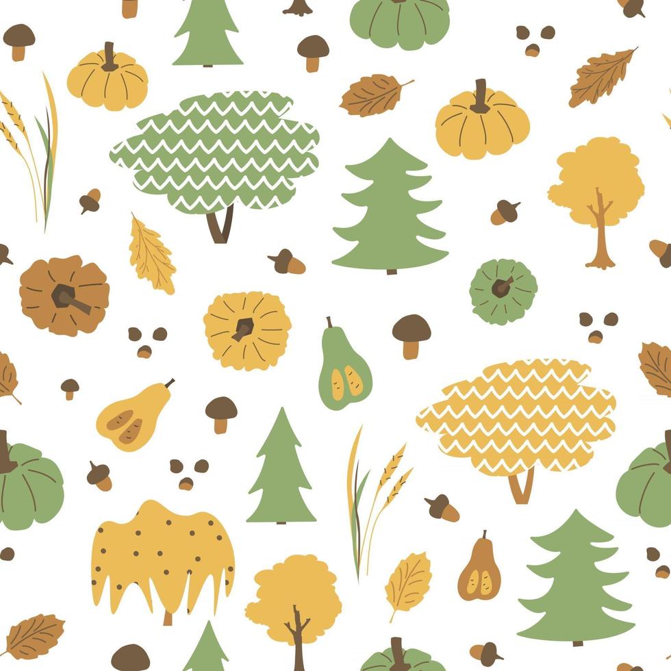 Herbst Bäume nahtlose Muster. Vektor handgezeichnete Lärche, Weide, Erle, Eiche, Blätter, Eichel, Kürbisse, Weizen, Pilzelemente Illustration auf weißem Hintergrund, flacher Stil