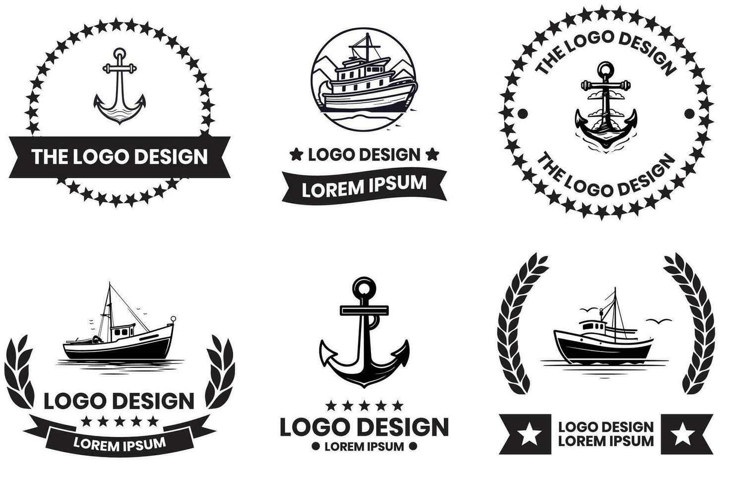Angeln und maritim Logo im eben Linie Kunst Stil vektor