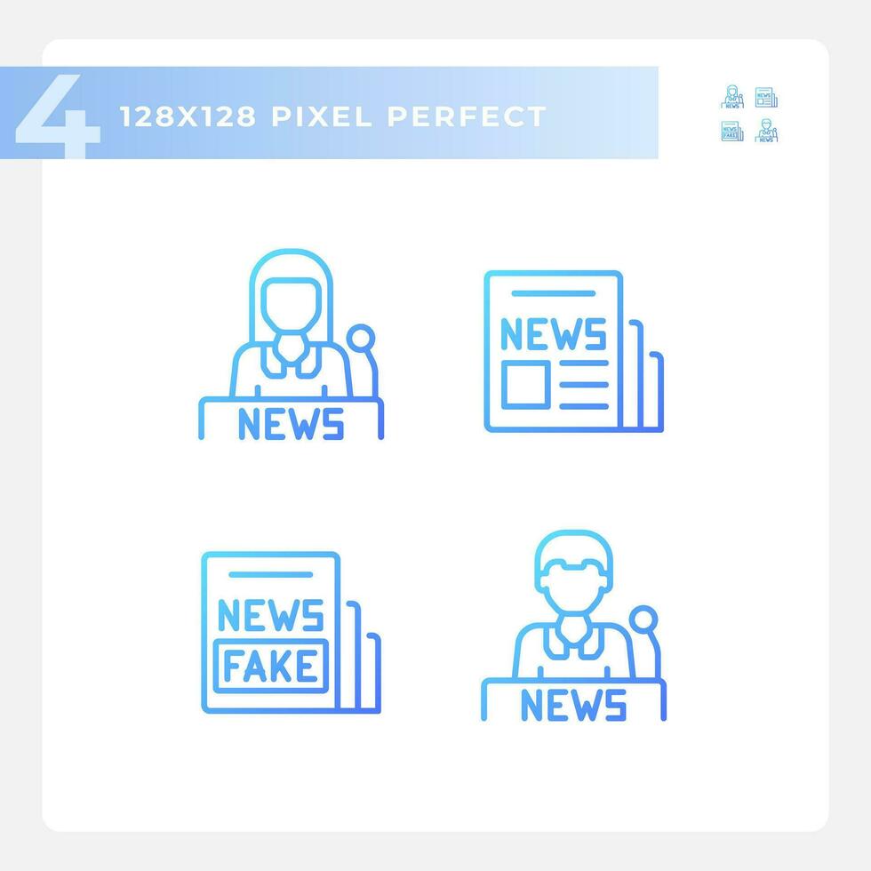 pixel perfekt lutning ikoner uppsättning av journalistik, tunn linje blå illustration vektor