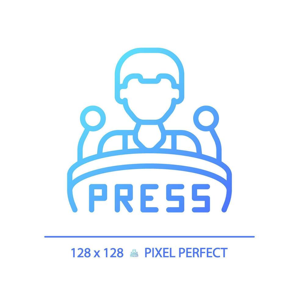 2d pixel perfekt lutning Tryck konferens ikon, isolerat vektor, tunn linje blå illustration representerar journalistik. vektor