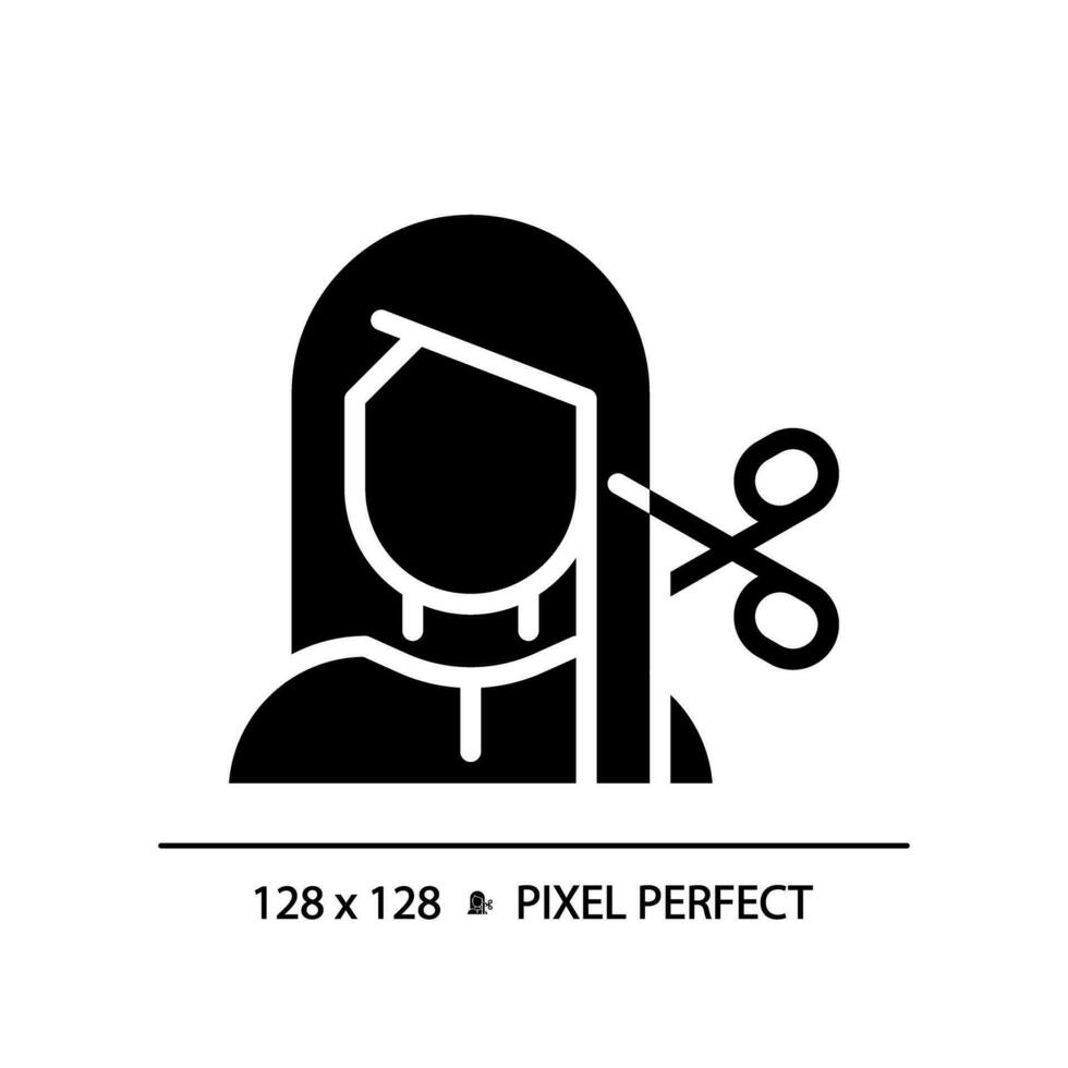 2d Pixel perfekt Frau mit Haarschnitt beim Spa Glyphe Stil Symbol, isoliert Vektor, Haarpflege einfach schwarz Silhouette Illustration. vektor