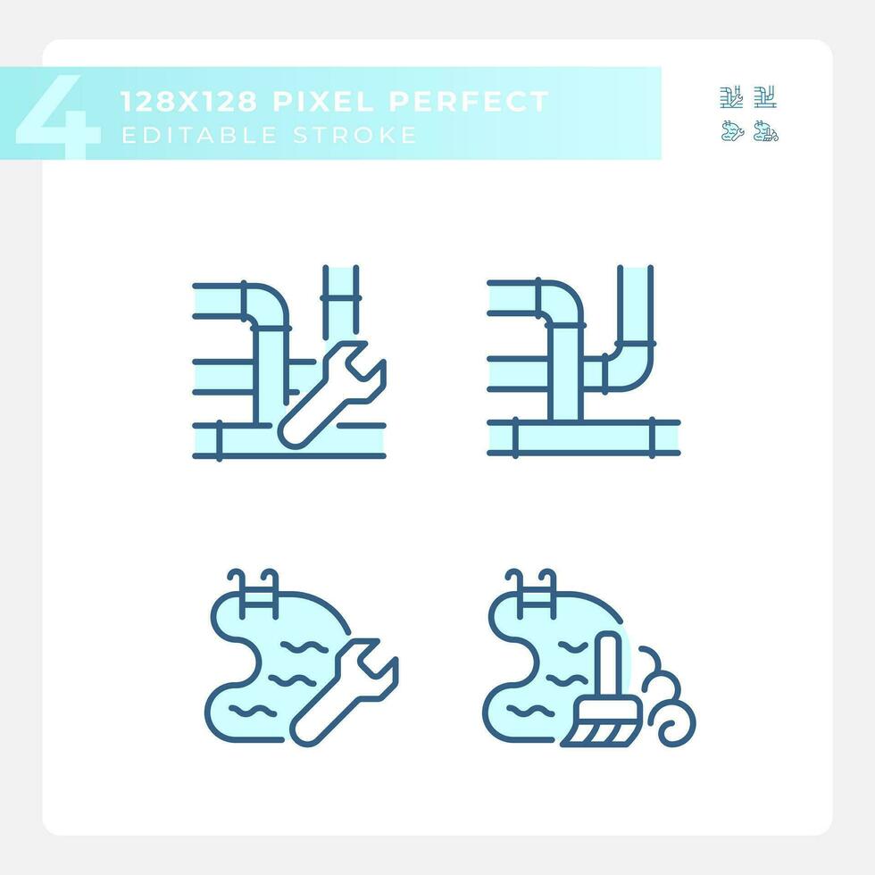 pixel perfekt ikoner uppsättning representerar VVS, redigerbar blå tunn linje illustration. vektor