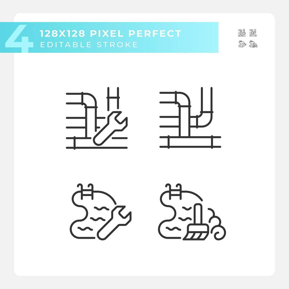 Pixel perfekt Symbole einstellen Darstellen Installation, editierbar schwarz dünn Linie Illustration. vektor