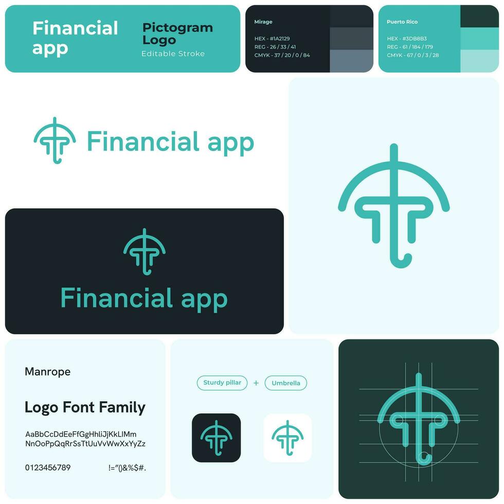 finansiell app Flerfärgad företag logotyp med varumärke namn. kraftig pelare och paraply ikon. kreativ design element och visuell identitet. mall med manrope font. lämplig för investering app. vektor