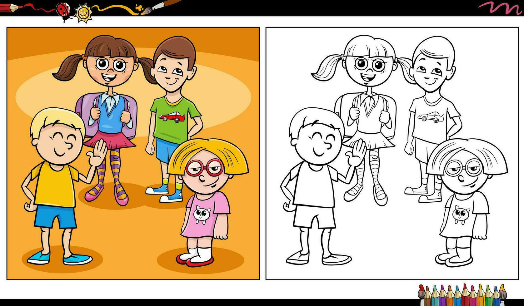 Comic Kinder und Jugendliche Zeichen Gruppe Färbung Seite vektor