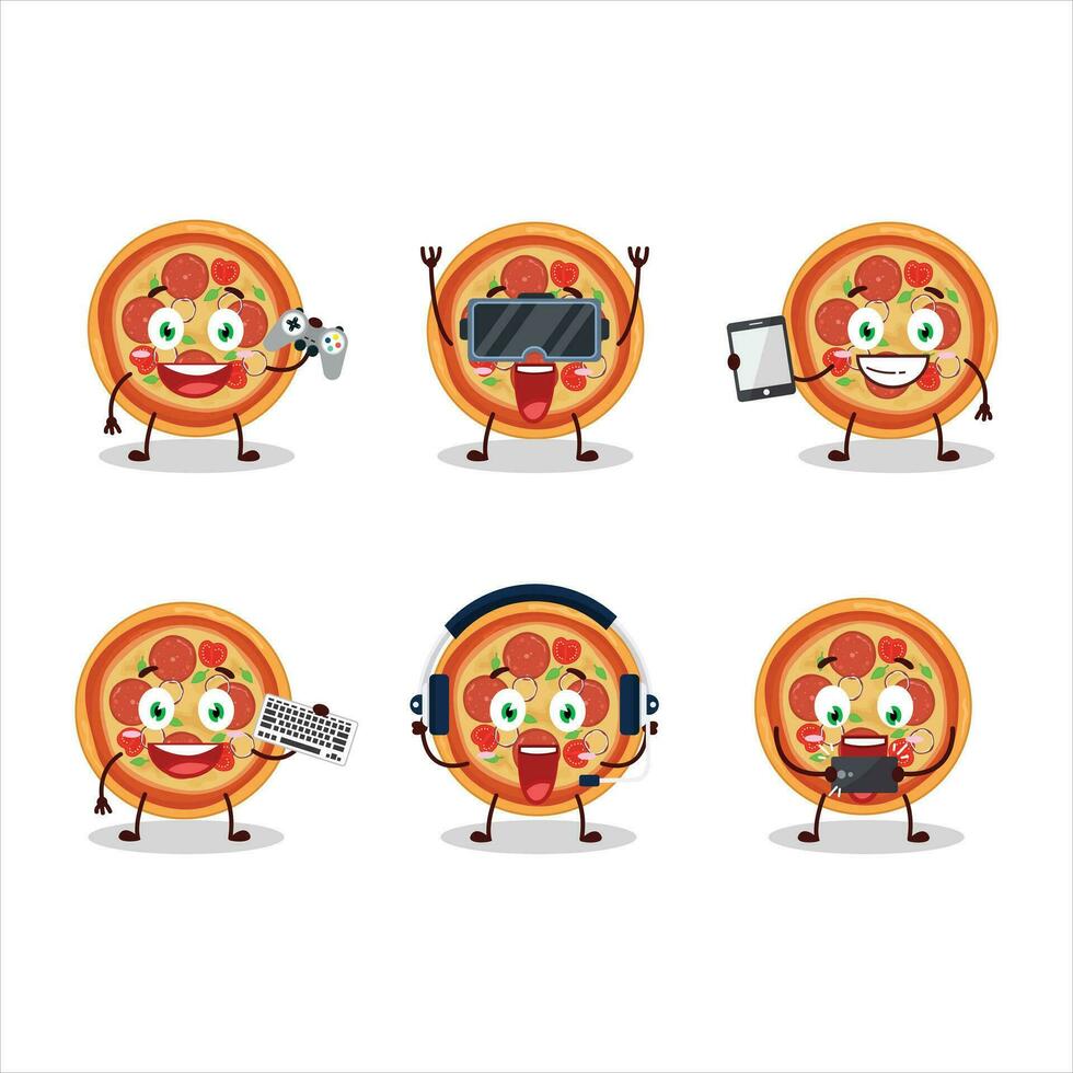 nötkött pizza tecknad serie karaktär är spelar spel med olika söt uttryckssymboler vektor