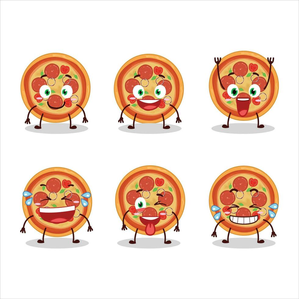 tecknad serie karaktär av nötkött pizza med leende uttryck vektor
