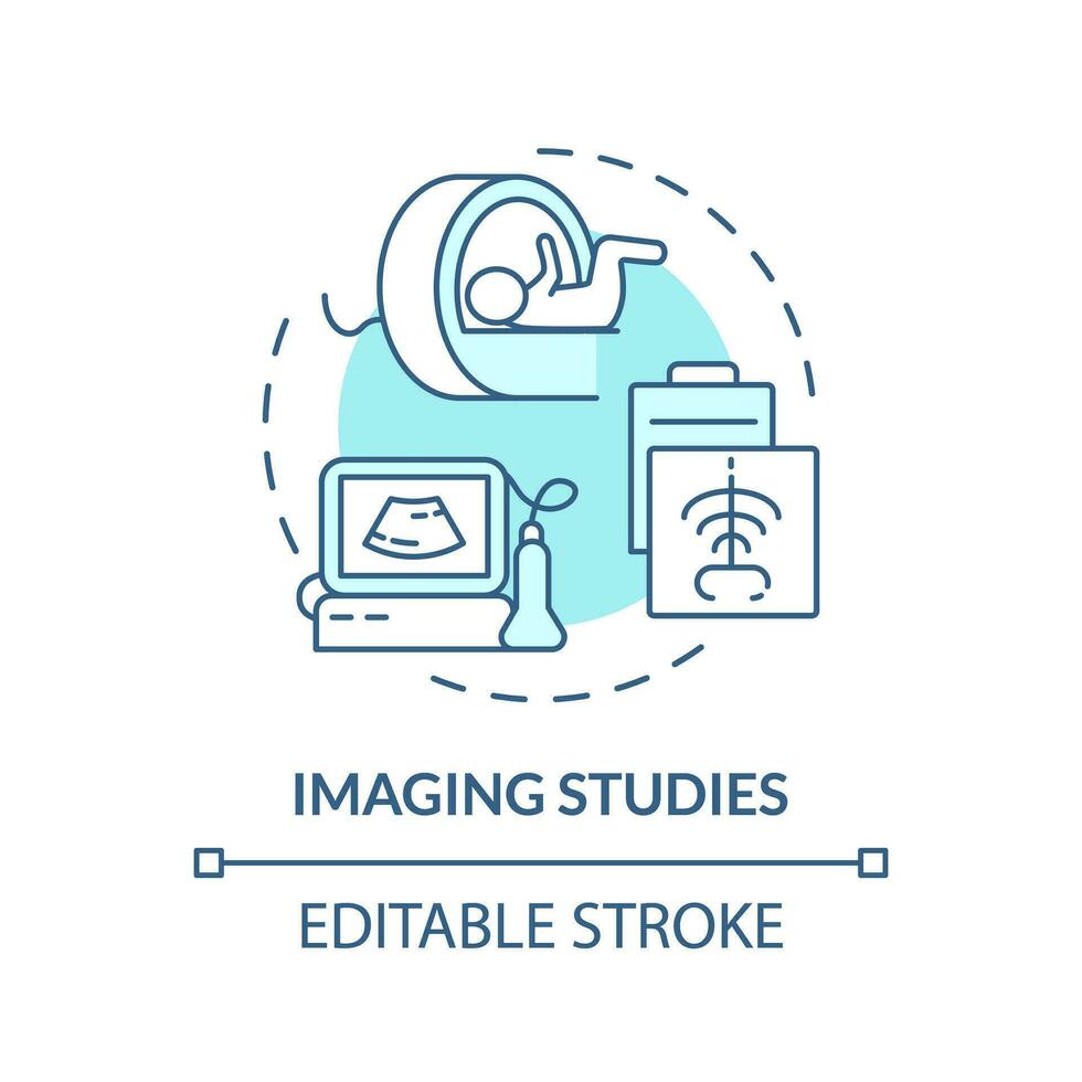 Bildgebung Studien Türkis Konzept Symbol. x Strahl Maschine. Knochen Scan. Diagnose Ausrüstung. pädiatrisch Klinik abstrakt Idee dünn Linie Illustration. isoliert Gliederung Zeichnung. editierbar Schlaganfall vektor