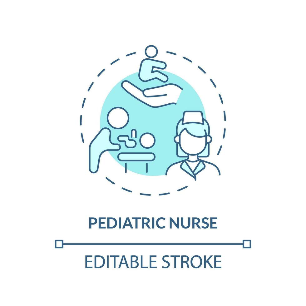 pediatrisk sjuksköterska turkos begrepp ikon. amning vård. ung patient. medicinsk team. sjukhus personal. sjukvård arbetstagare abstrakt aning tunn linje illustration. isolerat översikt teckning. redigerbar stroke vektor
