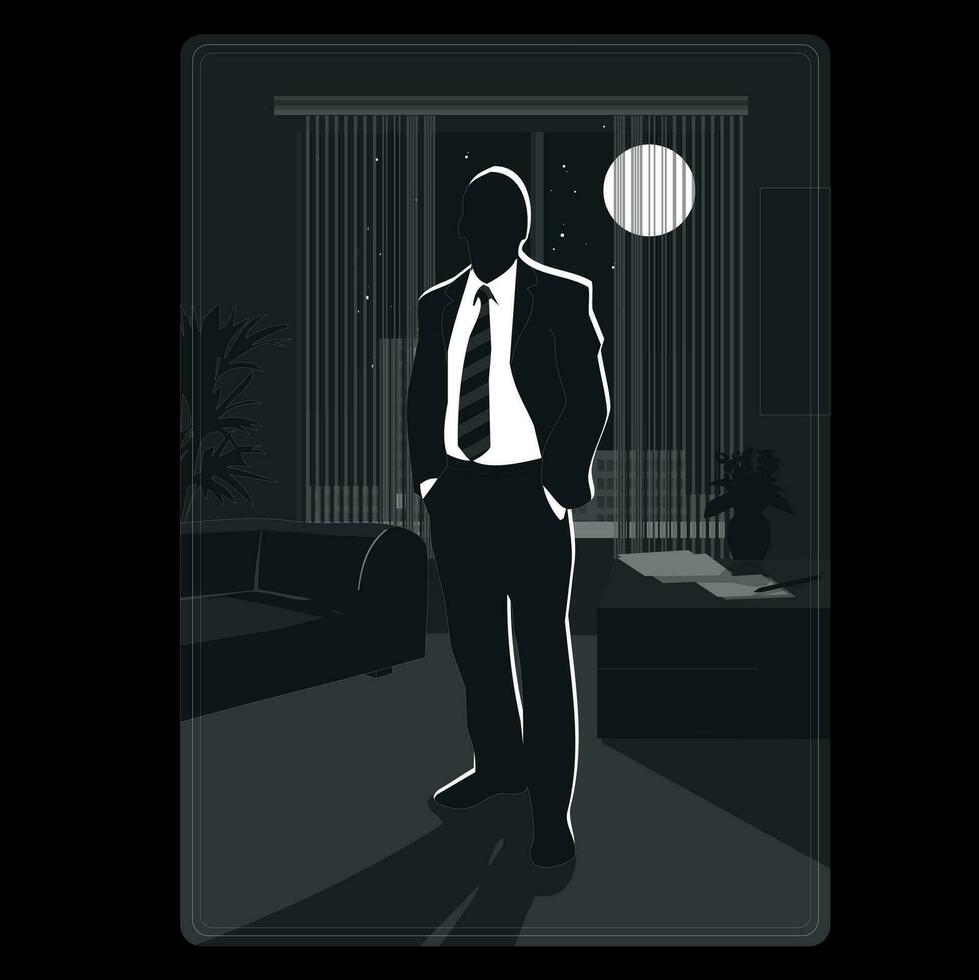 dunkel Silhouette Illustration von ein Büro Arbeiter im ein Anzug. ein Silhouette Karte von ein Arbeiter im das Büro vektor