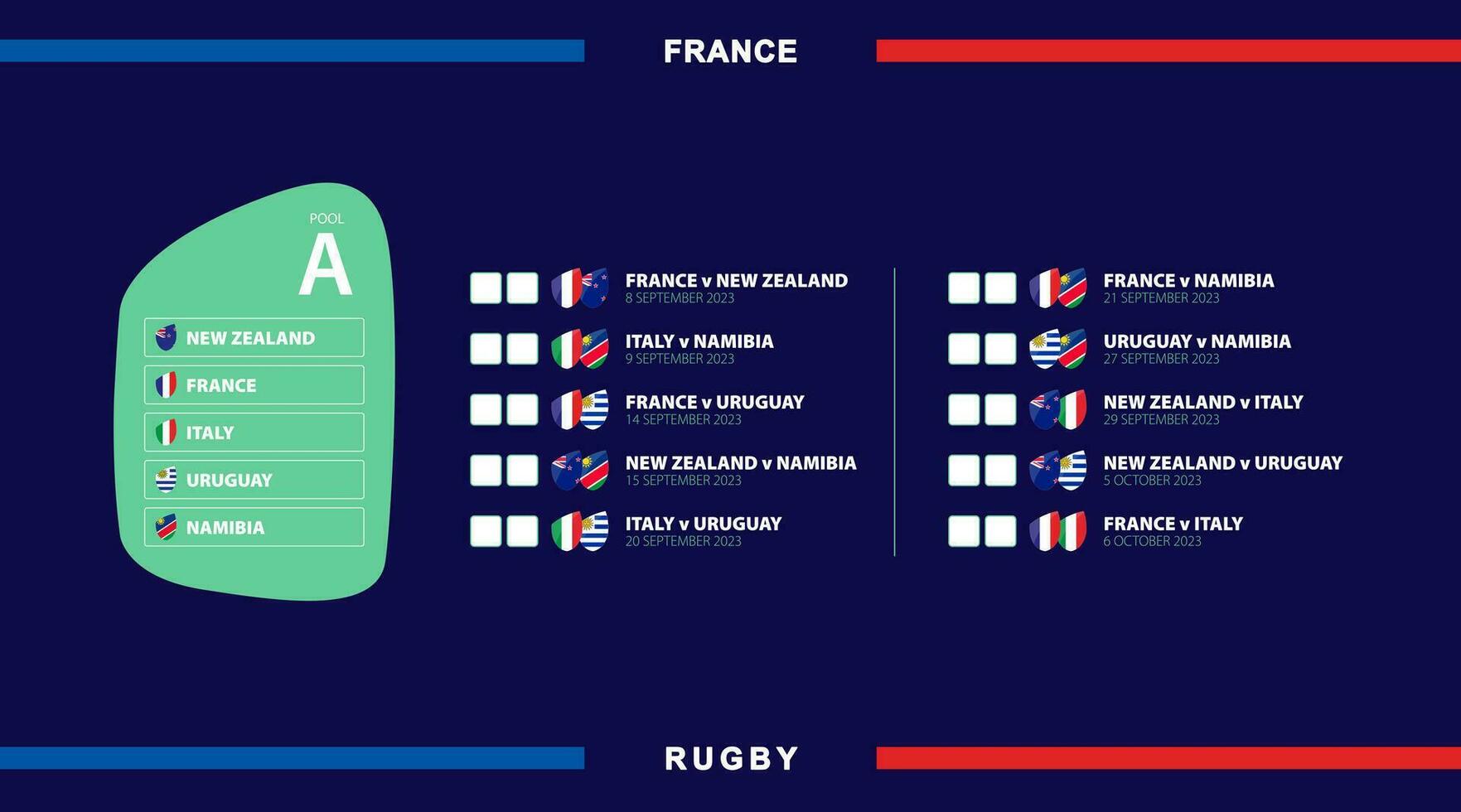 alle Rugby Streichhölzer im Schwimmbad A, Flaggen von Teilnehmer im International Rugby Wettbewerb im Frankreich. vektor