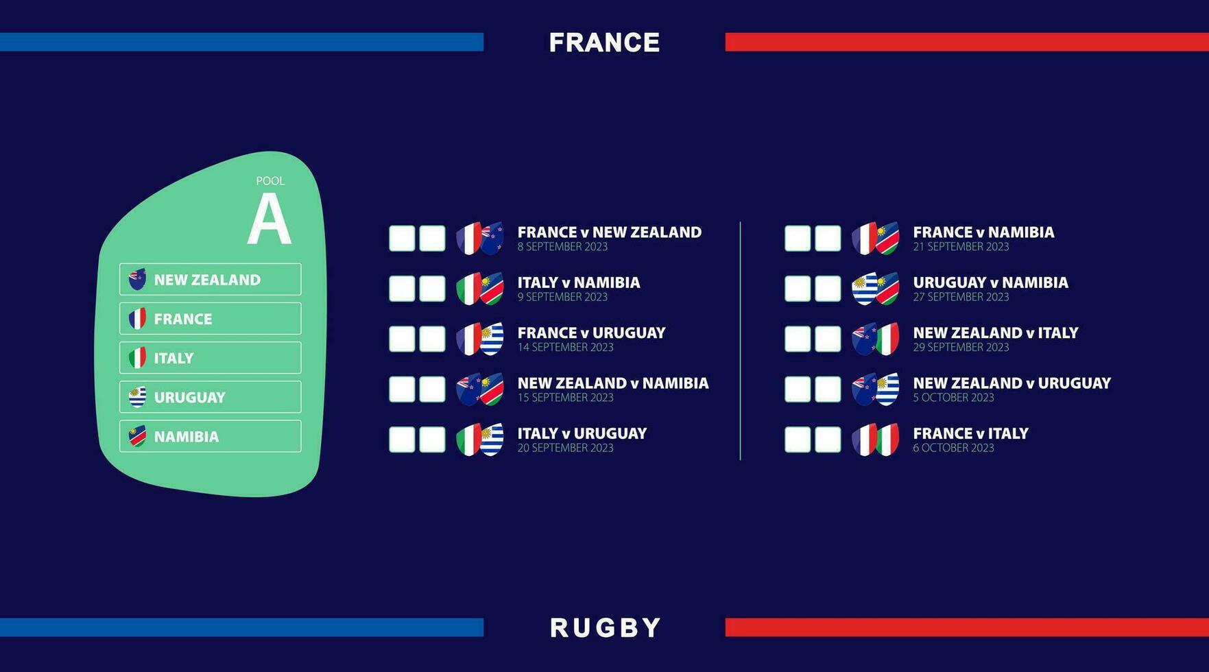 Allt rugby tändstickor i slå samman en, flaggor av deltagarna i internationell rugby konkurrens i Frankrike. vektor