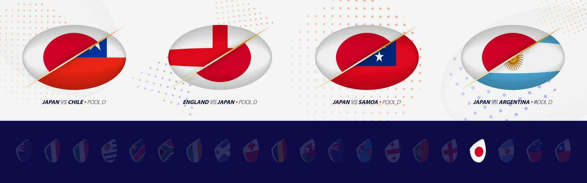 rugby konkurrens ikoner av japan rugby nationell team, Allt fyra tändstickor ikon i slå samman. vektor