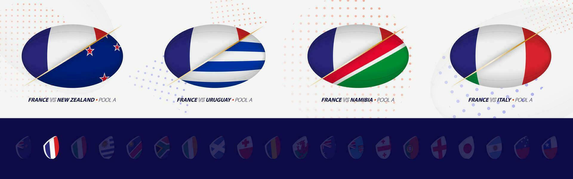 rugby konkurrens ikoner av Frankrike rugby nationell team, Allt fyra tändstickor ikon i slå samman. vektor