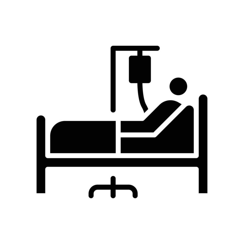 geduldig Bett Symbol. medizinisch Behandlung. Person im Krankenhaus Bett. Mann haben Infusion und Lügen auf Bahre Bett zum Erholung. solide Stil. Vektor Illustration. Design auf Weiß Hintergrund. eps 10