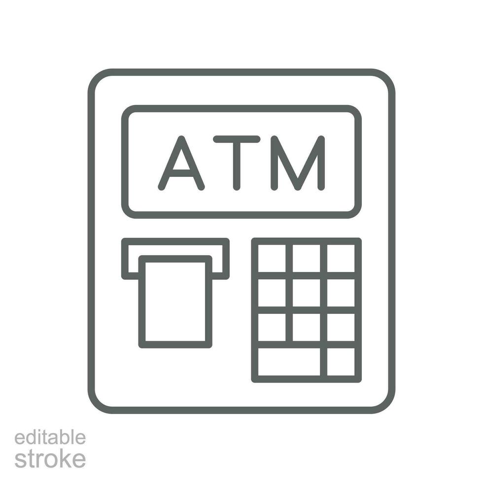 Geldautomat Symbol, Maschine Bank. Gliederung Stil. Anerkennung Lastschrift zum Einkaufen und e Handel Zeichen zum Bankwesen Apps Webseiten. automatisiert Erzähler editierbar Schlaganfall Vektor Illustration Design auf Weiß Hintergrund eps 10