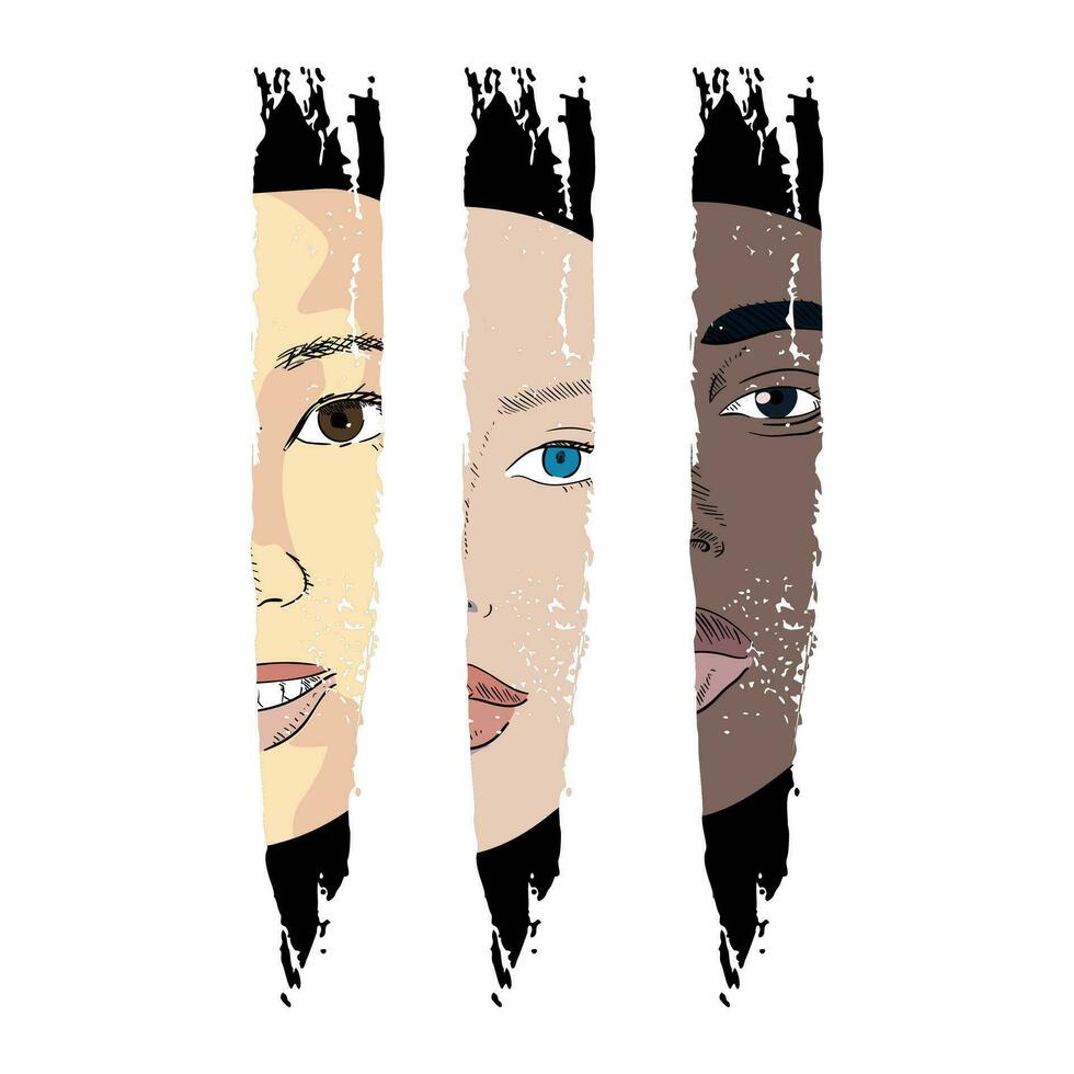 design för en t-shirt med tre ansikten av kvinnor av annorlunda hud färger. Bra vektor illustration till representera de feminist kamp.