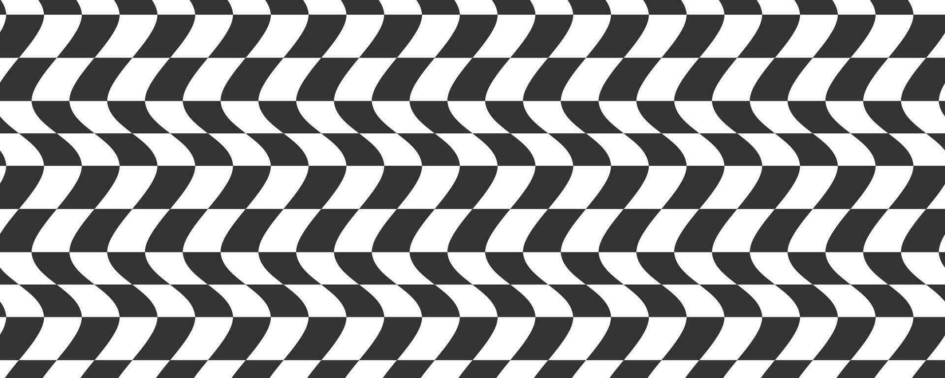 checkerboard vågig mönster. abstrakt schack fyrkant skriva ut. svart och vit psychedelic optisk illusion. skev flagga med geometrisk grafisk. y2k design för baner vektor