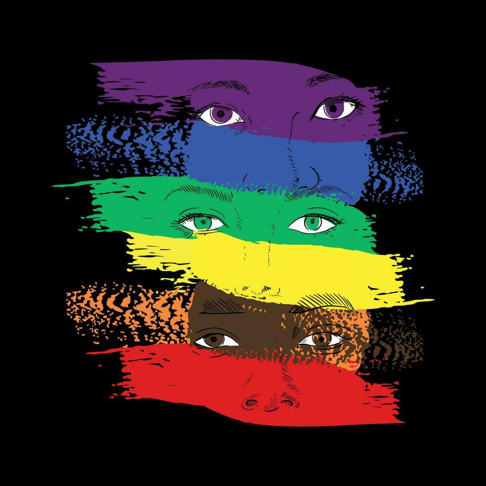 t-shirt design med regnbågefärgad stroke med ögon av kvinnor av annorlunda lopp. vektor illustration för Gay stolthet dag och feminist kämpar.