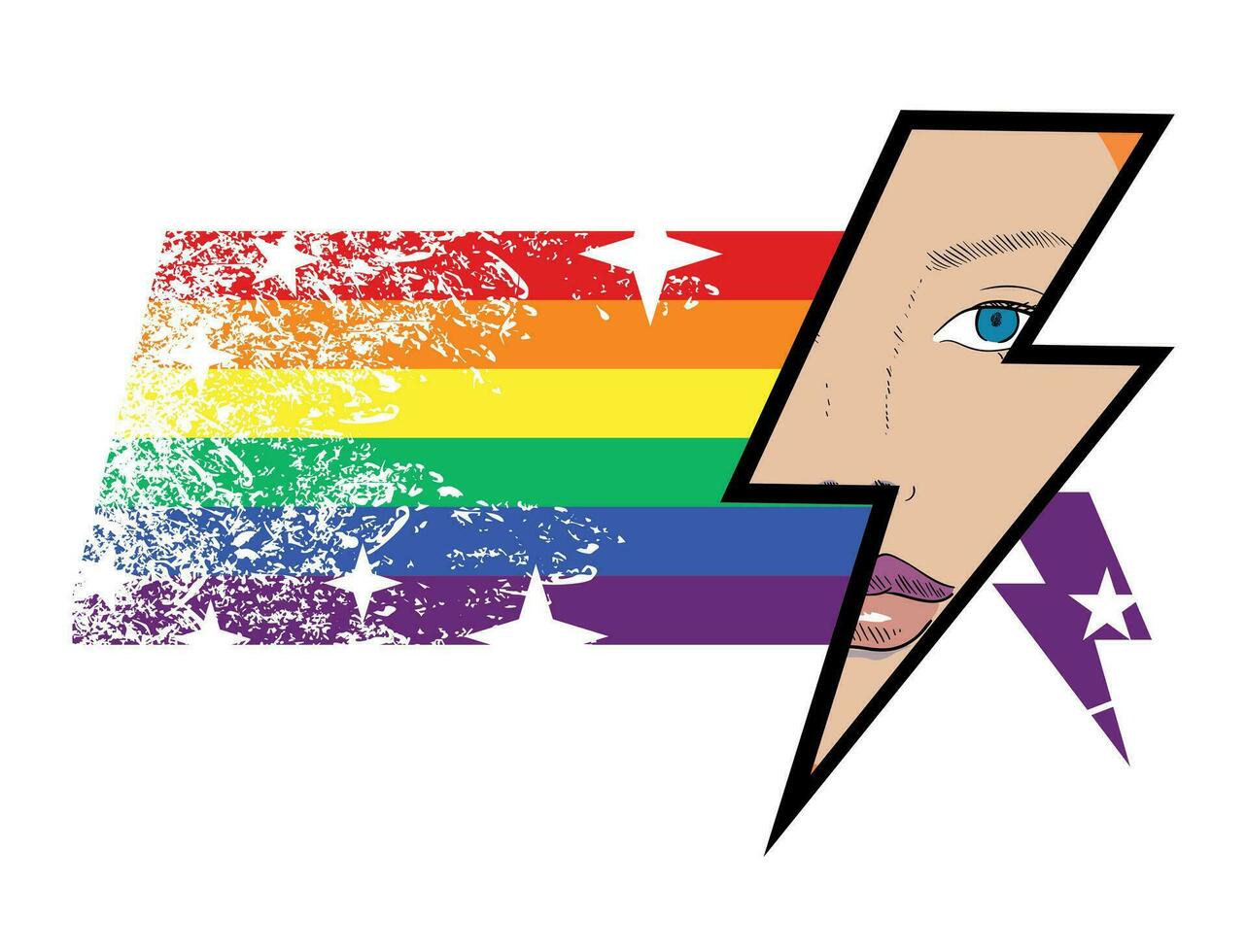 Design zum ein T-Shirt von das Blitz Symbol Nächster zu ein Regenbogen und das Gesicht von ein blond Frau. Vektor Illustration gut zum Fröhlich Stolz Tag und Femnistin kämpft.