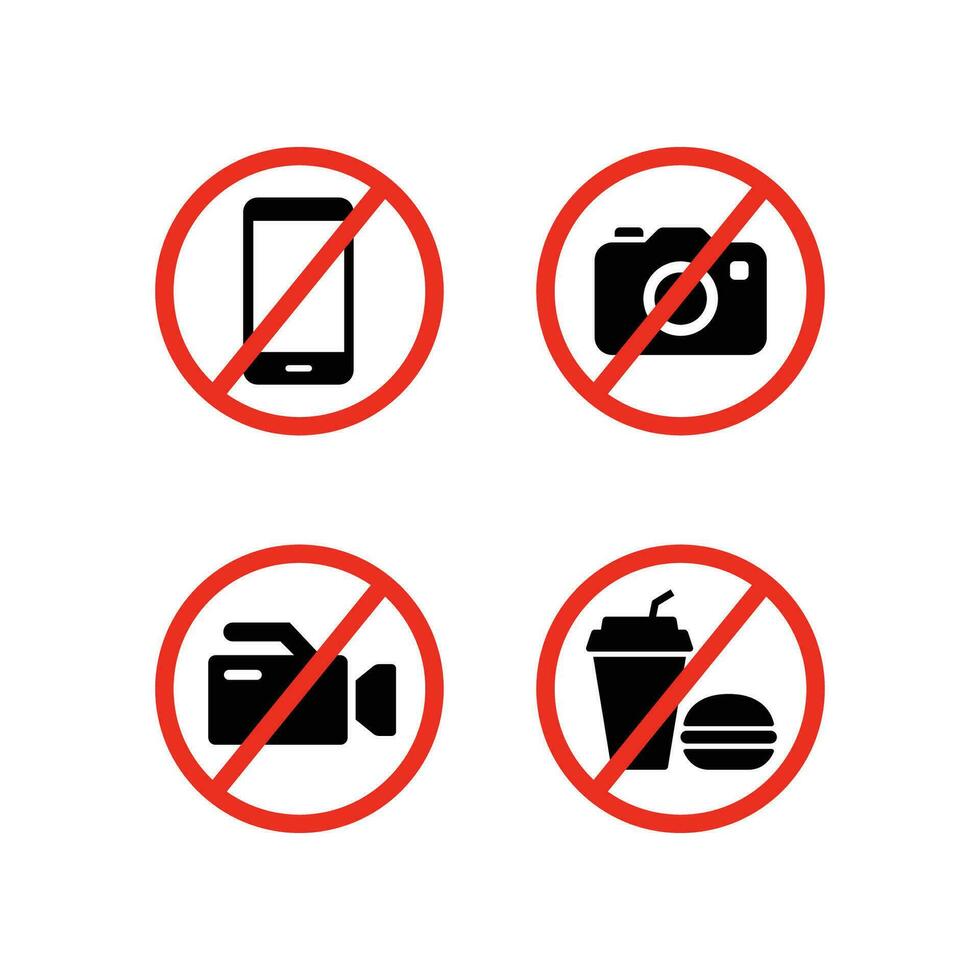 Verbot Nein Kamera, Nein Handy, Mobiltelefon Telefon, Nein Video Aufzeichnung, Nein Essen und trinken Schild Symbol. eben Stil. verboten halt schnell Essen Warnung unterzeichnen. Vektor Illustration Design auf Weiß Hintergrund. eps 10