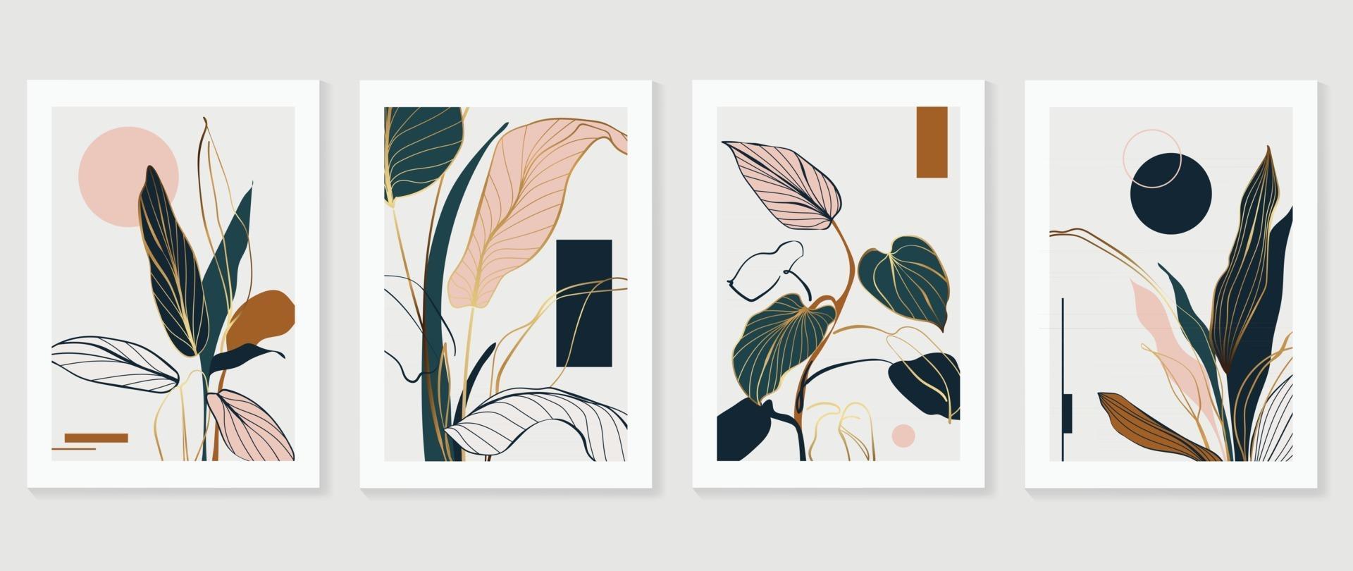 abstrakt konst tropiska blad bakgrund vektor. väggkonstdesign med akvarellkonststruktur från blommor och palmblad vektor
