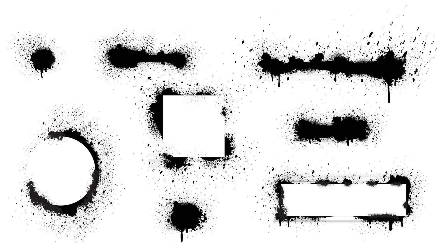 Sprühfarbe Vektorelemente isoliert auf weißem Hintergrund. Set aus Rahmen und schwarzen runden Tintenflecken, Linien und Tropfen schwarze Tintenspritzer, Tintenkleckse, Streetstyle. vektor