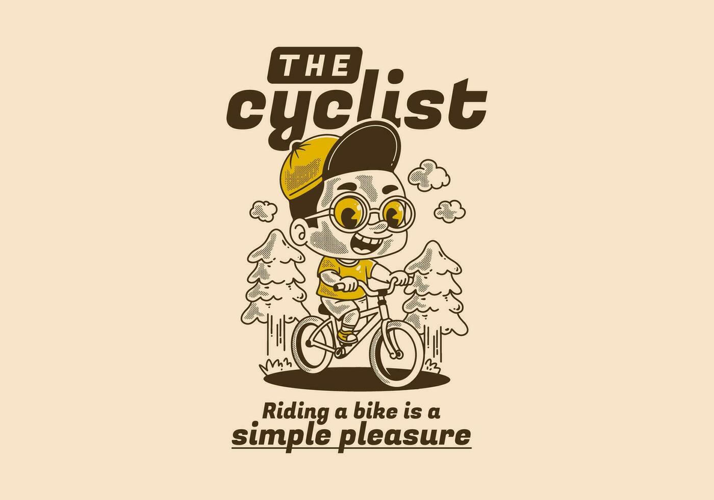 de cyklist, ridning en cykel är en enkel nöje. retro illustration av en pojke ridning cykel, tall träd vektor