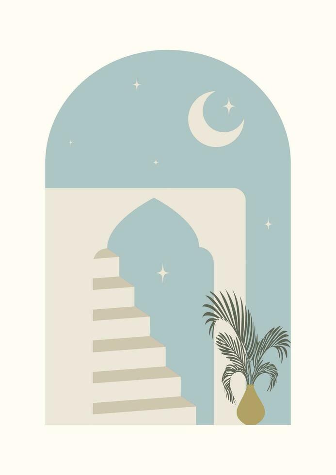 abstrakt natt arkitektur trappa illustration affisch. minimalistisk arabicum natt konst. vektor