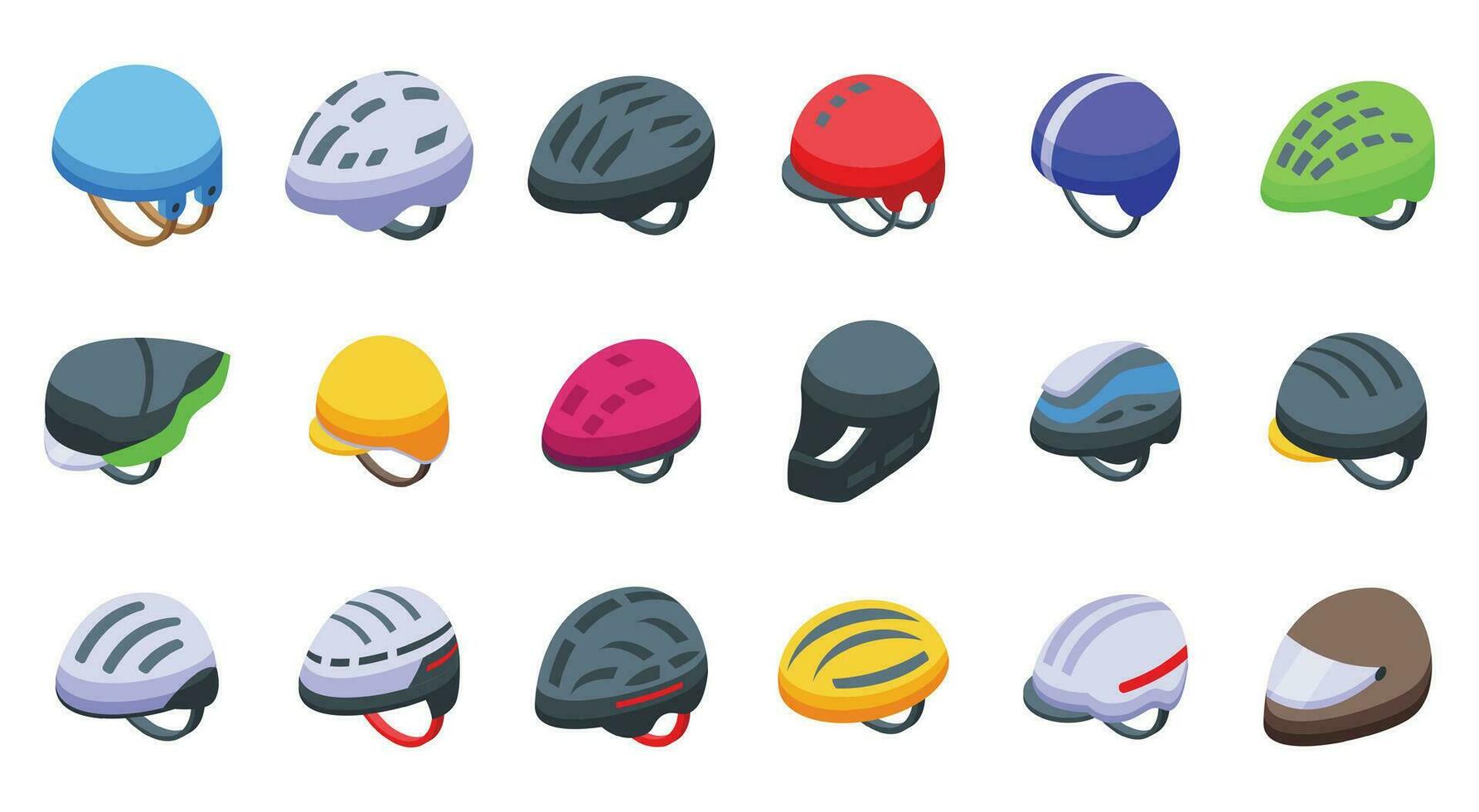 Fahrrad Helm Symbole einstellen isometrisch Vektor. Ferien Roller vektor