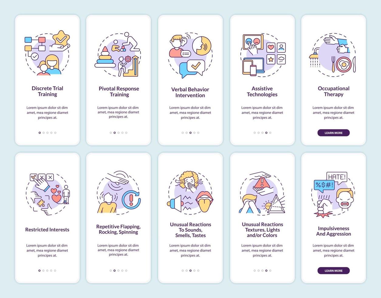 autistische Behandlungsmethoden beim Onboarding von mobilen App-Seitenbildschirmen eingestellt. Autismussymptome Walkthrough 5 Schritte grafische Anweisungen mit Konzepten ui, ux, gui-Vektorvorlage mit linearen Farbillustrationen vektor