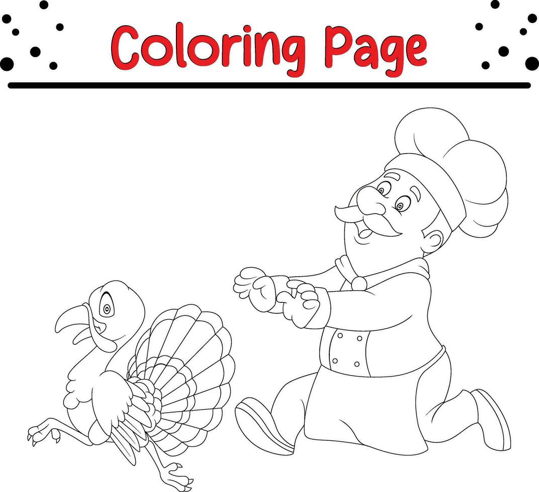 das Erntedankfest Färbung Buchseite. schwarz und Weiß Karikatur Vektor Illustration von komisch Truthahn