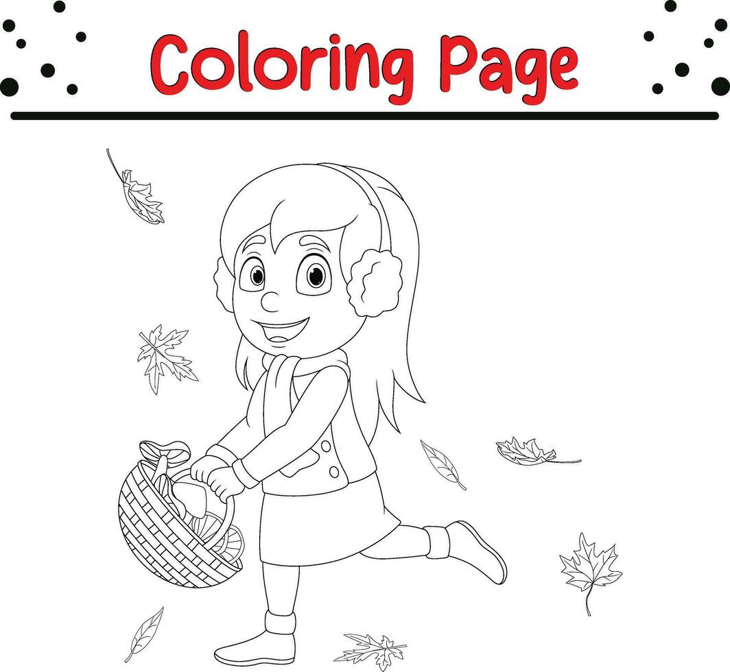 das Erntedankfest Färbung Seite zum Kinder. Vektor Karikatur Kinder werfen Herbst Blätter