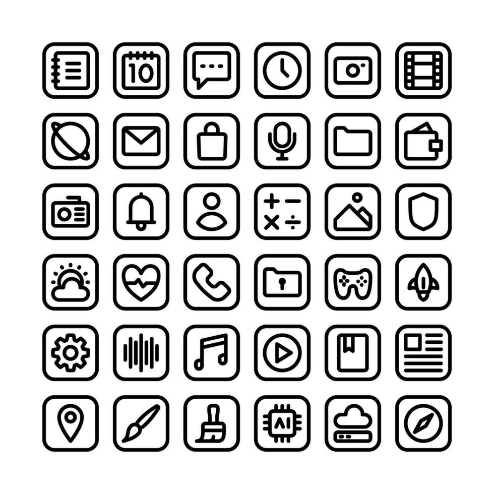 mobil app ikoner, i linje stil, för användare gränssnitt, teknologi, design och kommunikation behov. detta inkluderar meddelanden, e-post, röst inspelning, väder, musik, multimedia, spel och andra. vektor