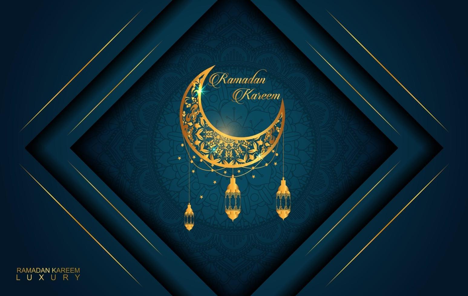 Ramadan Kareem im Luxusstil mit arabischer Kalligraphie. Luxus goldenes Mandala auf dunkelblauem Hintergrund für Ramadan Mubarak vektor