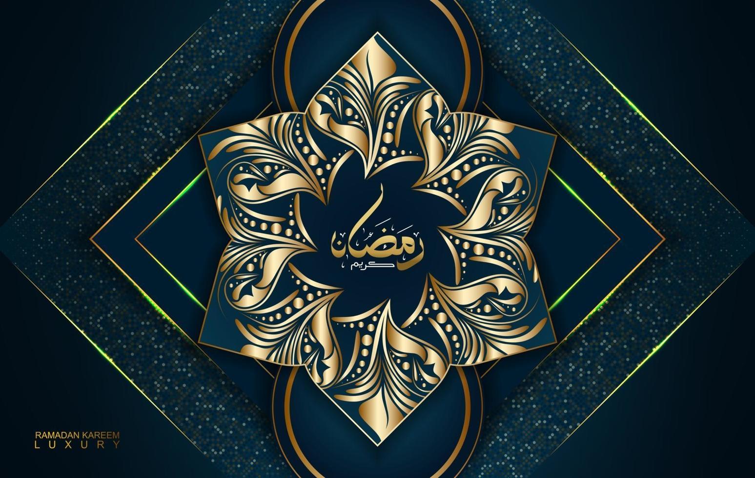 Ramadan Kareem in luxuriöser arabischer Kalligraphie. Luxus goldenes Mandala auf dunkelblauem Hintergrund für Ramadan Mubarak vektor