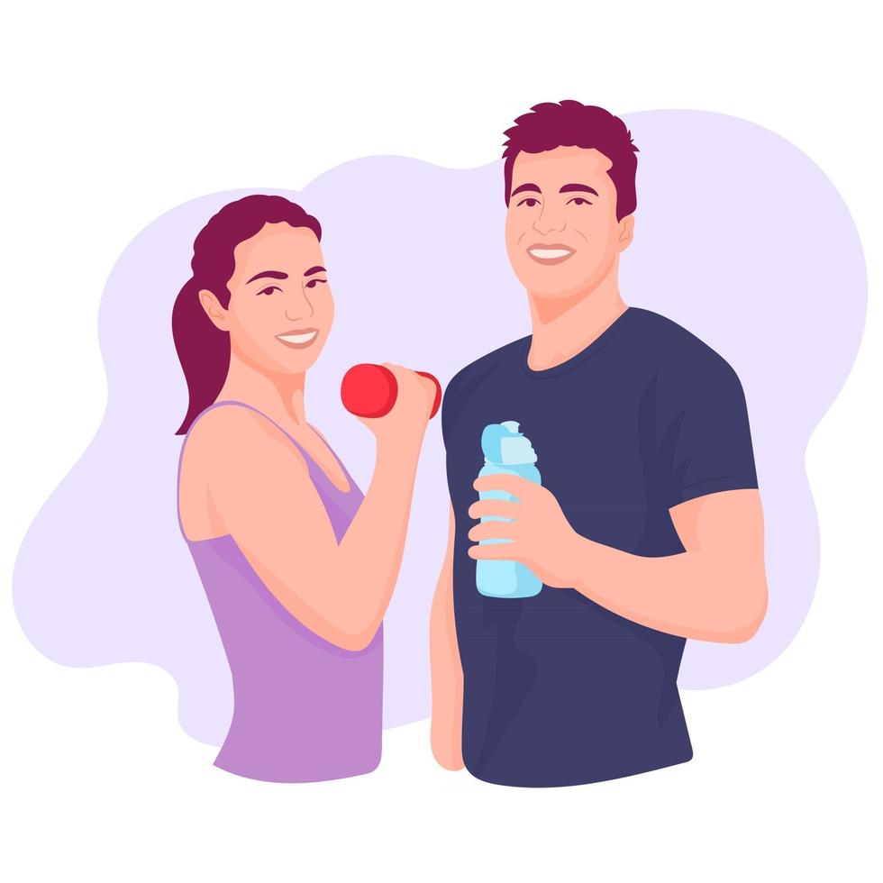 Ein Paar in guter Form, das eine Flasche Wasser und Hanteln in einem Fitnessstudio hält. vektor