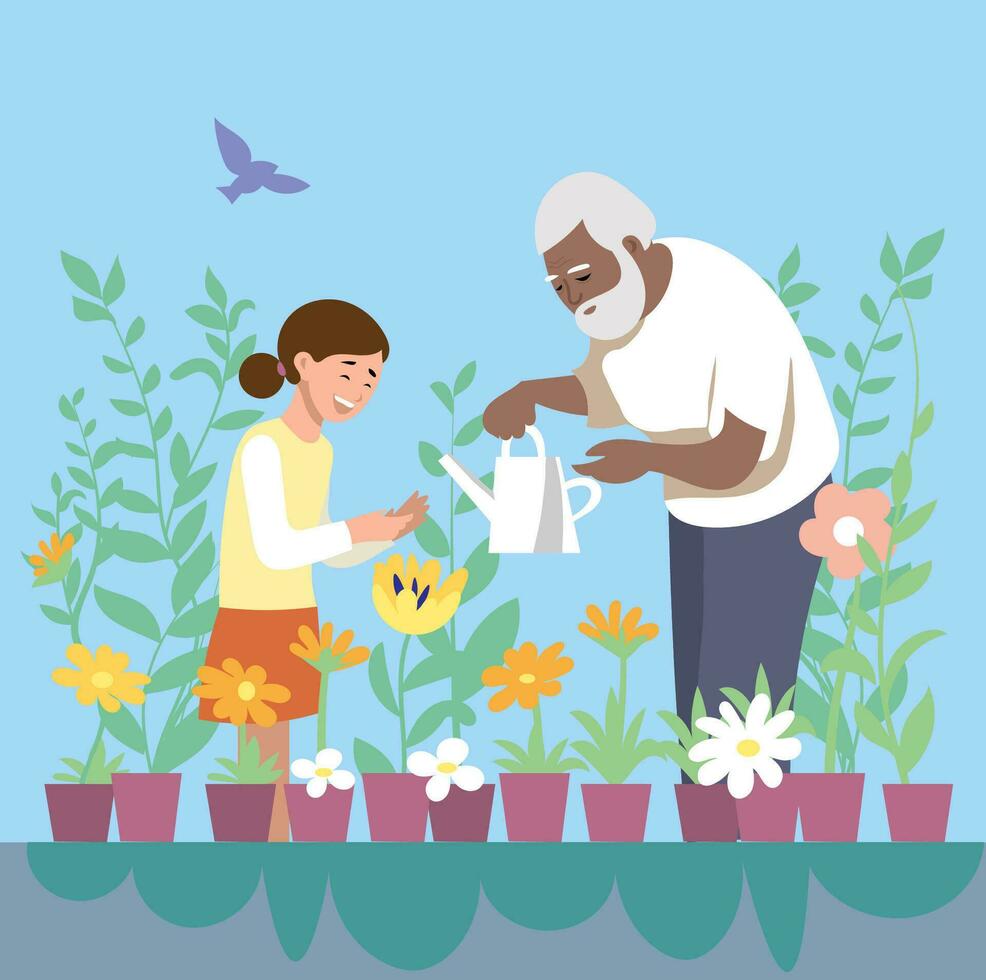 farfar med barnbarn, blandras familj, skötsel de trädgård och växter vektor