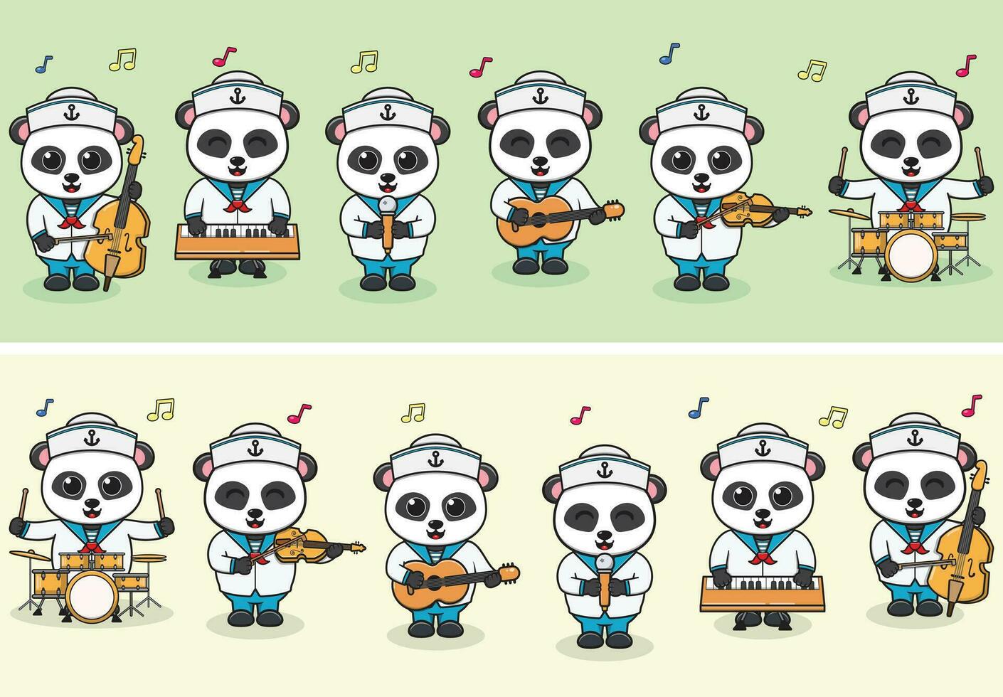 Vektor Illustration von süß Panda Seeleute Musik- Band. groß einstellen von süß Tier Karikatur im Berufe. Panda Karikatur eben Stil.
