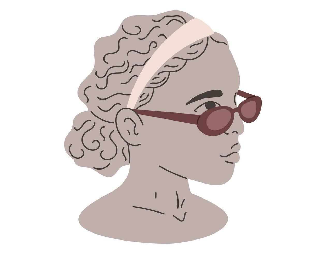 Antiquität weiblich Karikatur Kopf. Lehm alt griechisch Frau Statue tragen Sonnenbrille und Stirnband. Vektor isoliert eben Illustration, Skulptur Porträt.