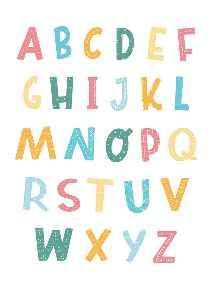 barnkammare alfabet affisch, skriva ut, font med hand dragen huvudstad latin brev vektor