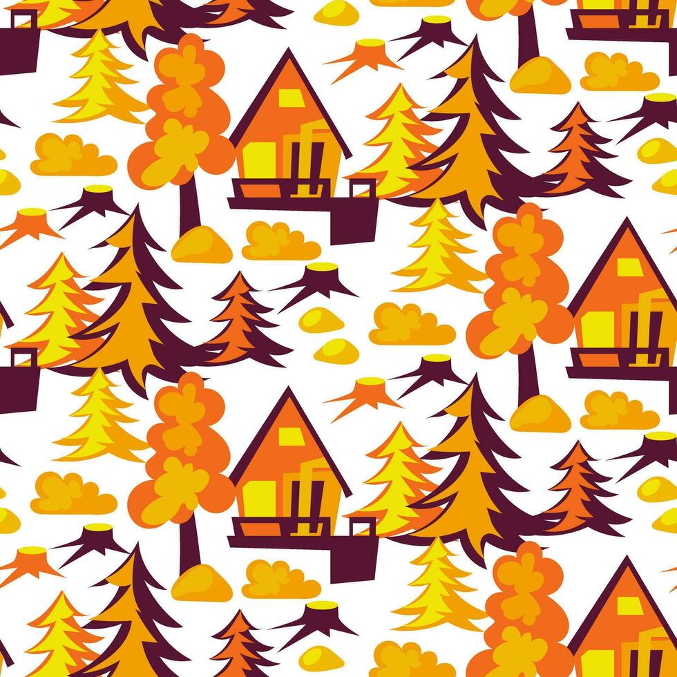 nahtlos Muster mit ein Muster von Herbst abstrakt Landschaft, Häuser im das Berge mit Weihnachten Bäume. Vektor Illustration im hell Farben. modern Haus im das Wald im Herbst Farben auf ein Weiß