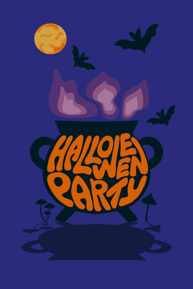 groovig retro Halloween typografisch Komposition im Kessel. Vektor Illustration mit Text Halloween Party, Mond, Fledermäuse und Pilze. Ideal zum Poster, t Hemd drucken, Sozial Medien Grafik, Mauer Kunst