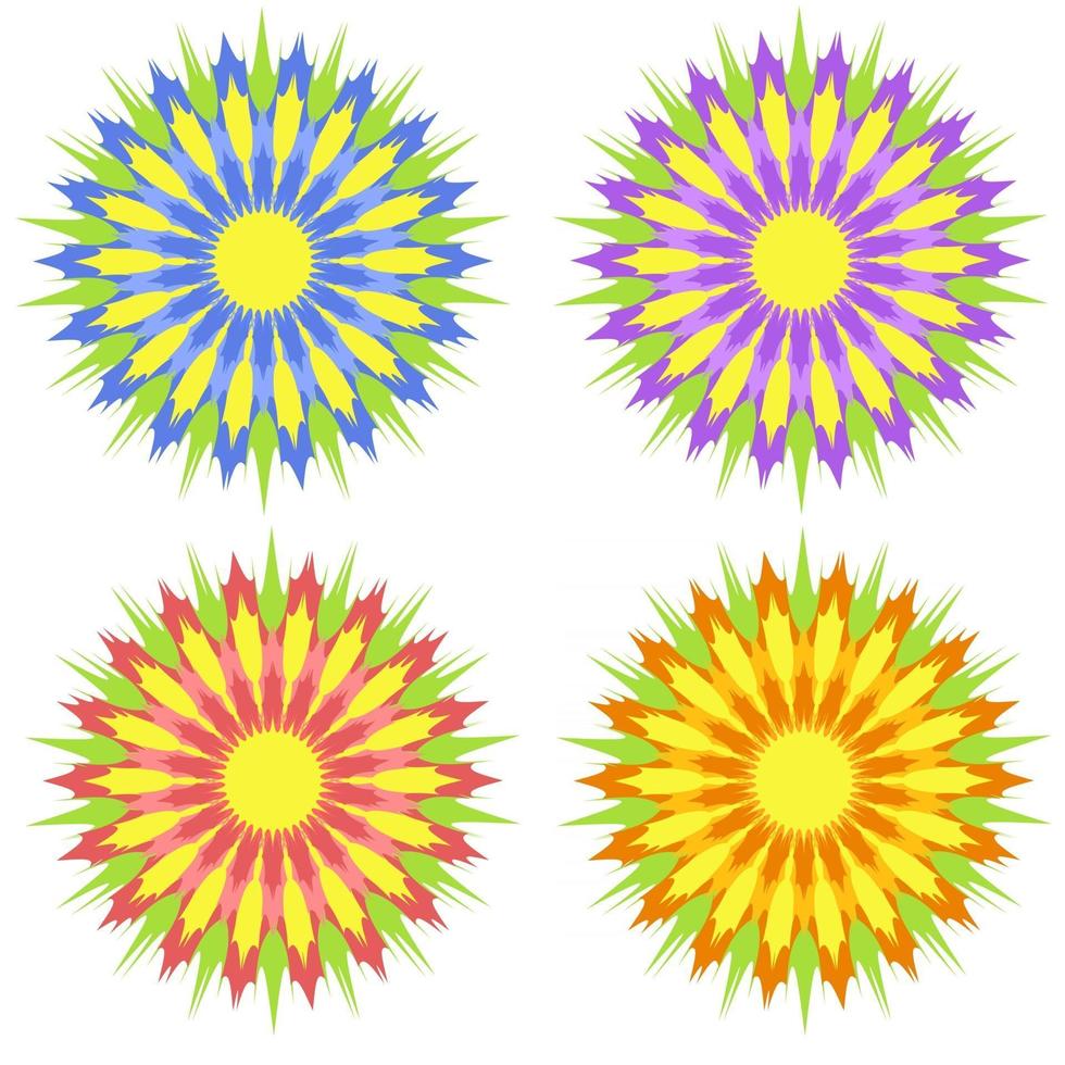 uppsättning platt isolerade färgade gula, röda, lila, blå abstrakta blommor på en vit bakgrund. enkel design för dekoration vektor