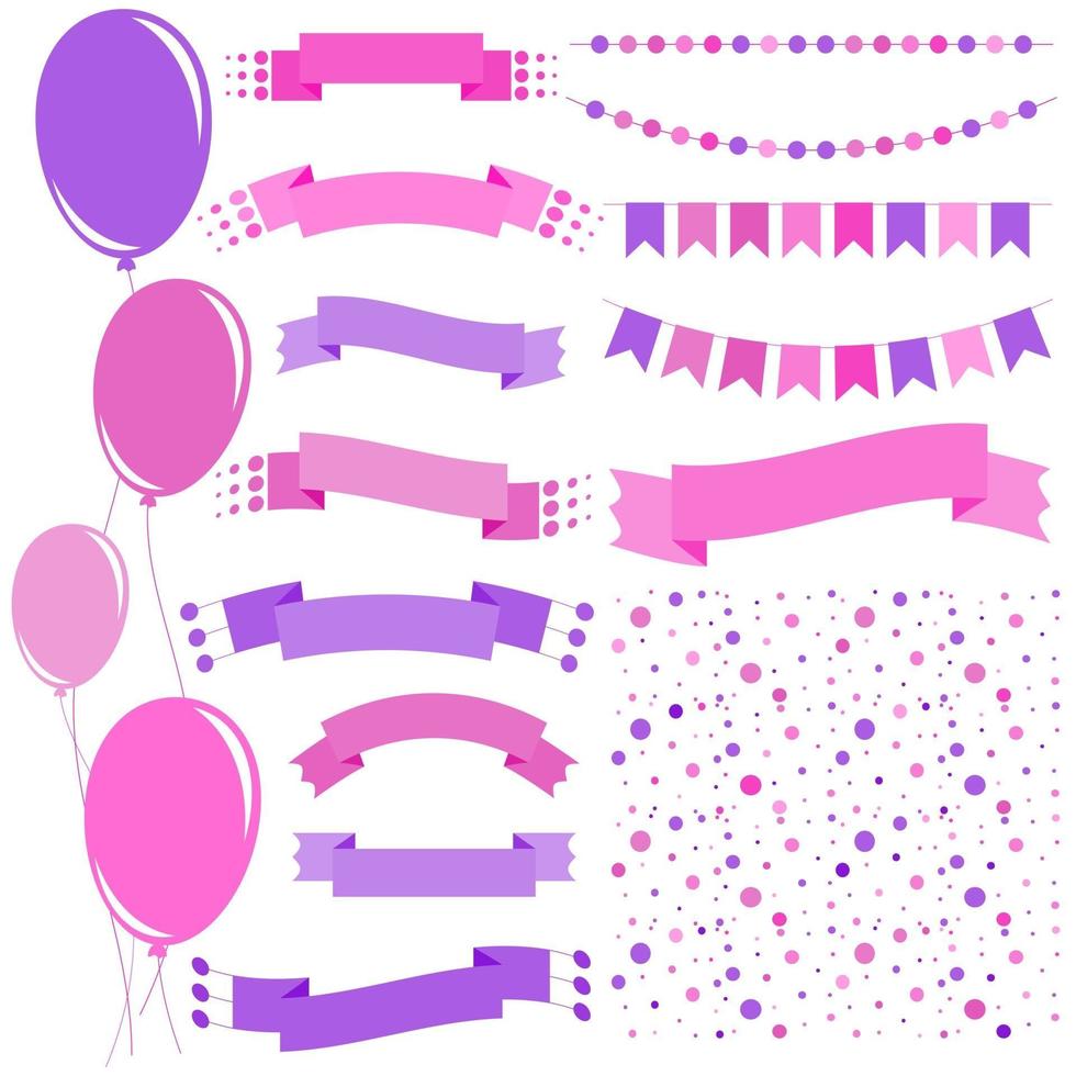 uppsättning platta rosa och lila isolerade ballonger på rep och kransar av flaggor. en uppsättning band med banderoller i olika former. bakgrund i form av konfetti. vektor