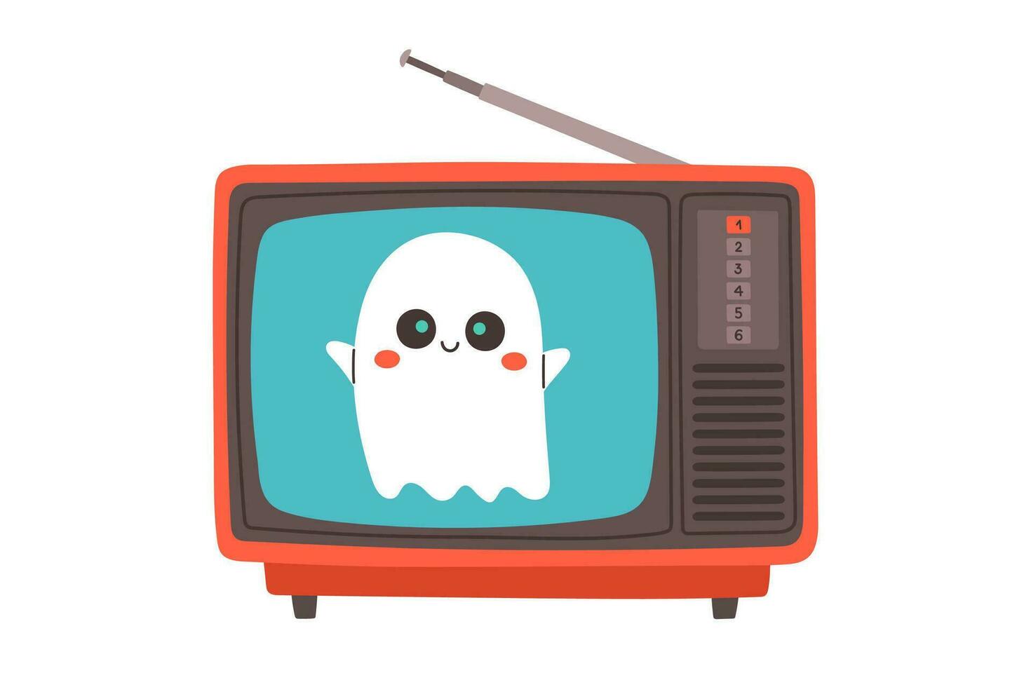 söt spöke i retro tv. halloween Nyheter gammal tv. spöke sändningar journalist. leva sändning. vektor illustration