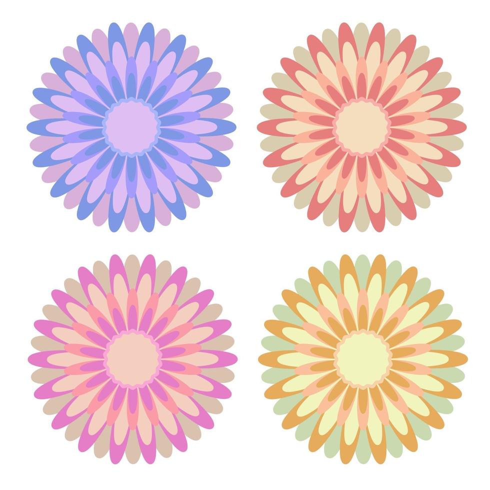 uppsättning platt isolerade färgade gula, röda, rosa, blå abstrakta blommor på en vit bakgrund. enkel design för dekoration vektor