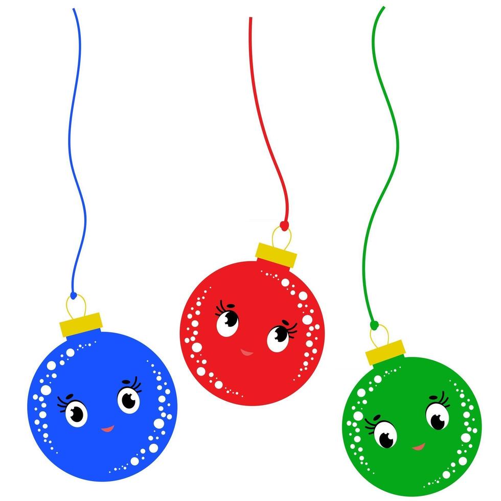 Ein Satz von drei farbigen flachen Cartoon isolierten Weihnachtskugeln, die auf weißem Hintergrund herunterfallen vektor