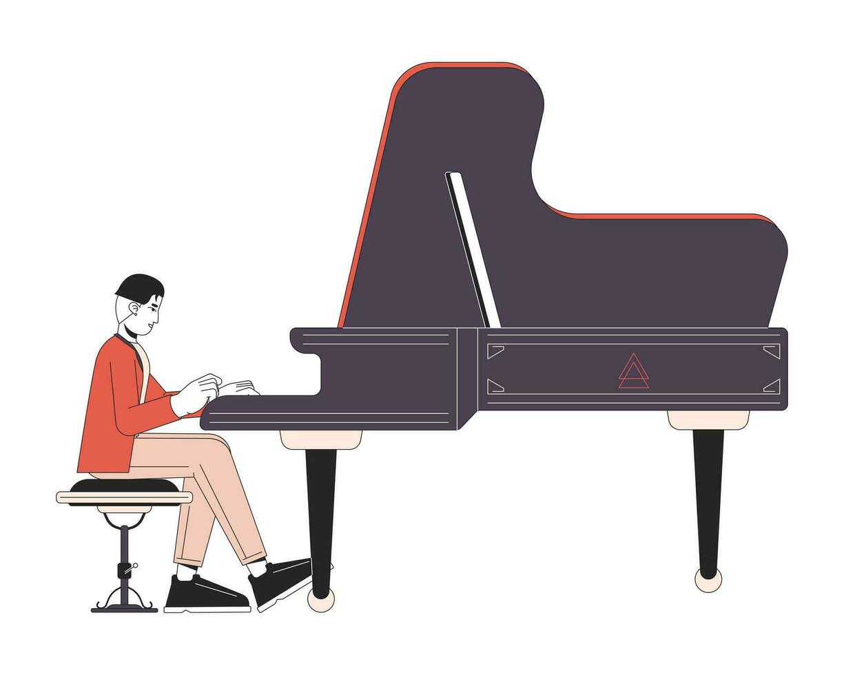 pianist spelar stor piano linje tecknad serie platt illustration. asiatisk vuxen man bär konsert klädsel 2d linjekonst karaktär isolerat på vit bakgrund. manlig artist scen vektor Färg bild