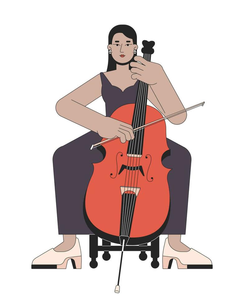 Konzert Cello Mädchen Linie Karikatur eben Illustration. Mitte östlichen Erwachsene Frau Musiker Cellist 2d lineart Charakter isoliert auf Weiß Hintergrund. spielen Orchester Instrument Szene Vektor Farbe Bild